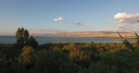SEA OF GALILEE, ISRAEL (4K) - Beautiful aerial drone shot at sunset Stock Footage