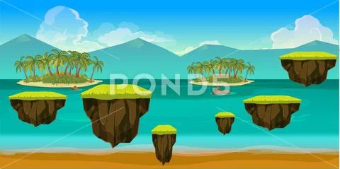 Sea game background with islands and underwater life Stock Illustration