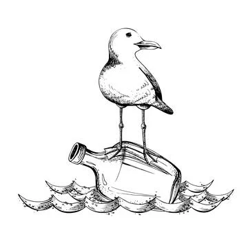 A sea gull on a bottle floats on the waves. Illustration hand-drawn in graphics Stock Illustration