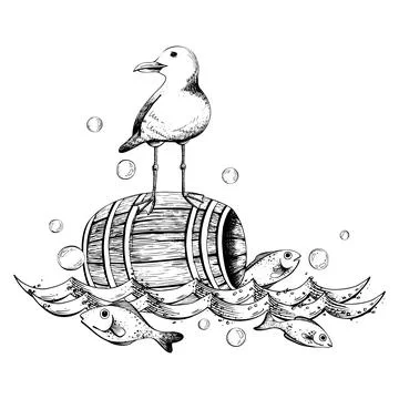 A sea gull swims through the waves with fish and bubbles on a wooden barrel Stock Illustration