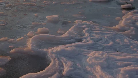 Sea ice frozen waves patterns cold winter day Reykjavik Iceland Stock Footage 300218333
