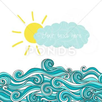 Sea illustration with sun and cloud, maritime background with place for your Stock Illustration