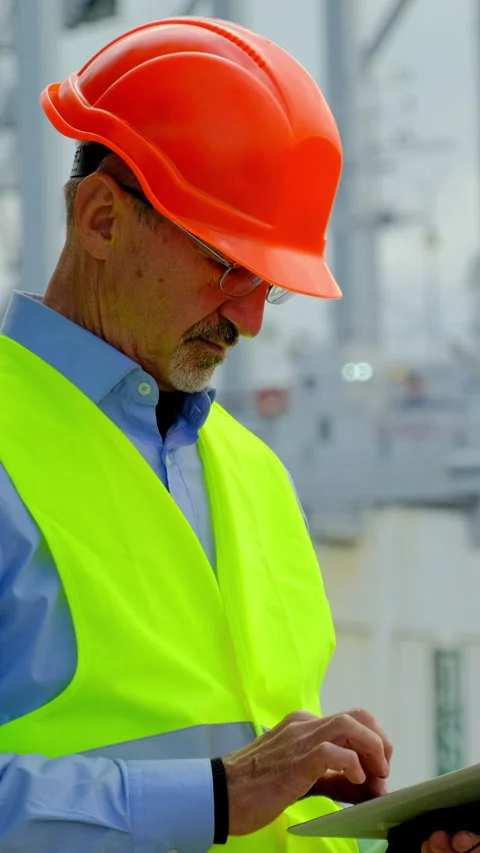 Sea industry port ship taskmaster in helmet checks drawings Stock Footage 278022251