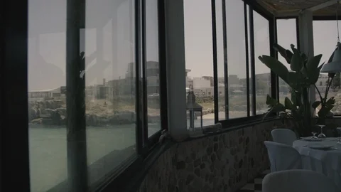 Sea landscape from the inside through the restaurant window Stock Footage 86075889
