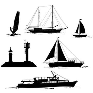 Sea Landscape with Palms and Ship Silhouettes Stock Illustration