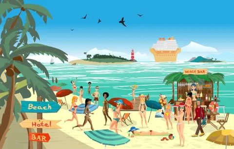 Sea landscape summer beach. Vector cartoon flat illustration. Be Illustrazione stock