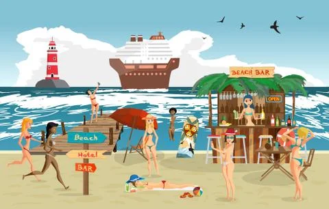 Sea landscape summer beach. Vector cartoon flat illustration. Be Stock Illustration