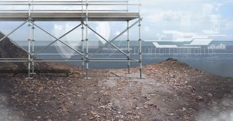 Sea landscape with technology interface and 3D Scaffolding 写真素材