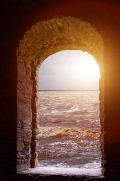 Sea  landscape through stone window Stock Photos