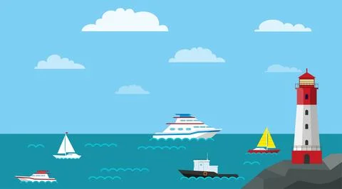 Sea landscape vector illustration with red lighthouse ships yachts boats Stock Illustration