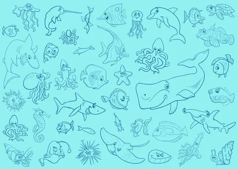 Sea life animals background pattern Cartoon Illustrations of Sea Life Anim... 写真素材