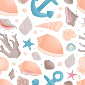 Sea Life Decorative Seamless Pattern Design with Conch and Cockleshell Vector Stock Illustration