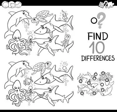 Sea life difference activity Black and White Cartoon Illustration of Findi... Foto stock
