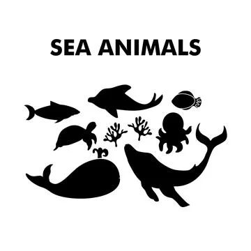 Sea life elements silhouette set. Cartoon vector illustration. Stock Illustration