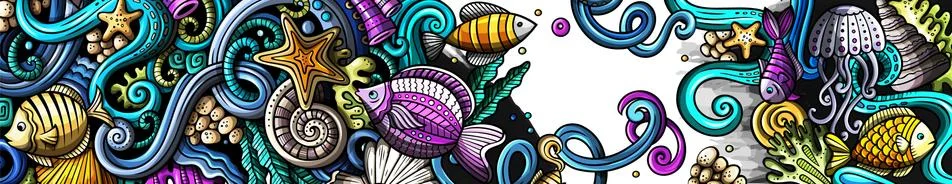 Sea life hand drawn doodle banner. Cartoon detailed flyer. Illustrazione stock