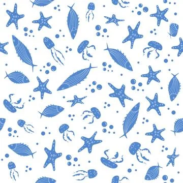 Sea life pattern with fish, starfish, jellyfish, bubbles on white background Stock Illustration