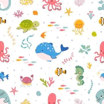 Sea life seamless pattern. Coloring cute underwater animals background. Cartoon Stock Illustration