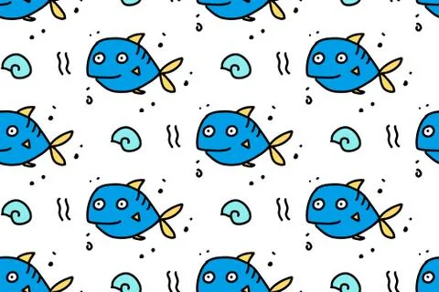 Sea life seamless pattern with cute doodle fishes. Hand drawn lines cartoon f Illustrazione stock