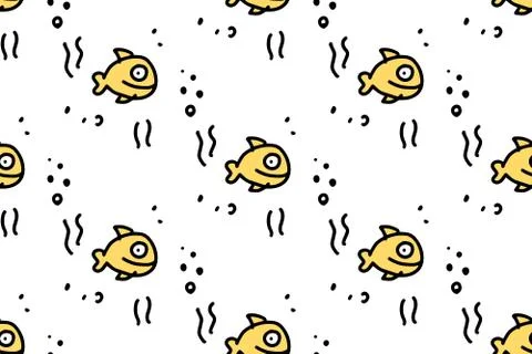 Sea life seamless pattern with cute doodle fishes. Hand drawn lines cartoon f Stock Illustration