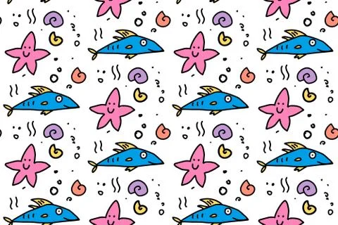 Sea life seamless pattern with cute doodle fishes and starfish. Hand drawn li Stock Illustration