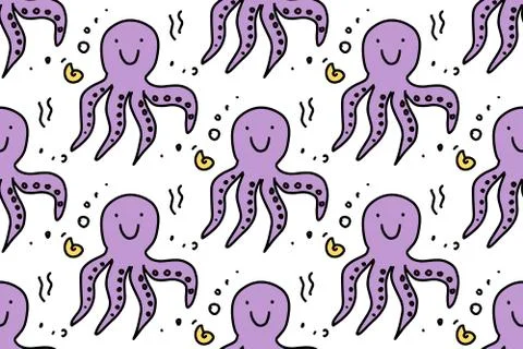 Sea life seamless pattern with cute doodleoctopus. Hand drawn lines cartoon o Stock Illustration