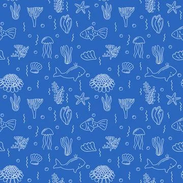 Sea life seamless pattern. Endless collection of hand drawn illustration: fis Stock Illustration