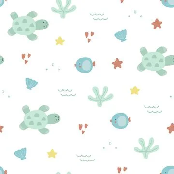 Sea life seamless pattern. Hand drawn unique marine life objects. Save the ocean Stock Illustration