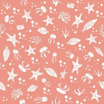 Sea life seamless pattern with starfish, fish, and coral on a pink background Stock Illustration