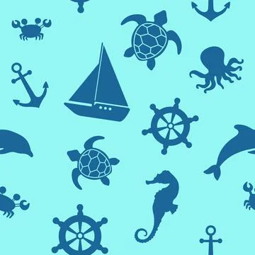 Sea life seamless pattern. Vector illustration of seahorse, turtle, octopus and Stock Illustration