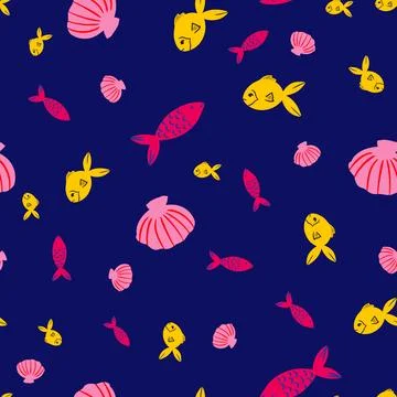 Sea life vector pattern design on dark blue background Stock Illustration