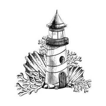 Sea lighthouse with corals and seashells. Illustration of hand drawn graphics Stock Illustration