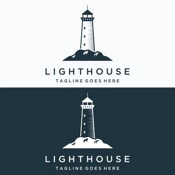 Sea lighthouse tower building creative Logo design with spotlights vintage .. Stock Illustration