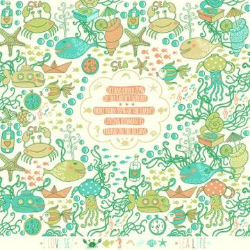 Sea live template design, vector set. sea time card with sea wildlife, place  Stock Illustration