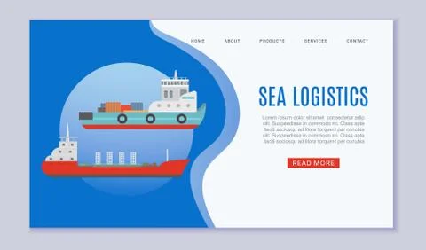 Sea logistics cargo ship web vector template illustration. Seagoing freight Stock Illustration