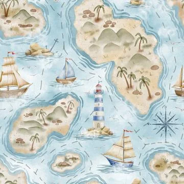 Sea map watercolor seamless pattern. Nautical background with islands Stock Illustration
