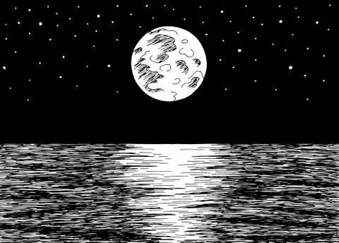 Sea moon reflection skyline graphic black white night seascape sketch illustrati Stock Illustration