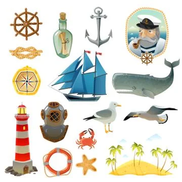Sea Nautical Decorative Elements Set Stock Illustration