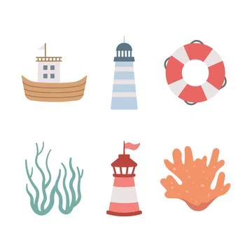 Sea Ocean Beach Marine Elements Set of Ship Lighthouse Tower Lifebuoy Seawe.. Illustrazione stock