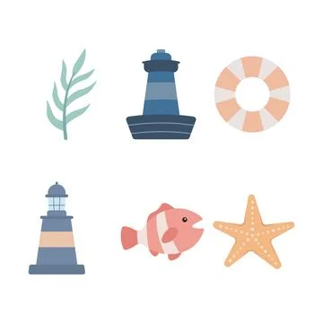 Sea Ocean Beach Marine Elements Set of Plant Lighthouse Tower Lifebuoy Fish.. Illustrazione stock