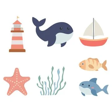 Sea Ocean Beach Marine Elements Set of Lighthouse Tower Ship Shark Whale Fi.. Illustrazione stock
