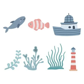 Sea Ocean Beach Marine Elements Set of Shark Whale Fish Ship Plant Seaweed .. イラスト素材