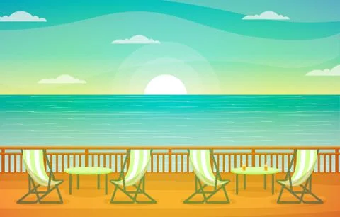 Sea Ocean Landscape View Table Chair on Cruise Ship Deck Illustration Stock Illustration