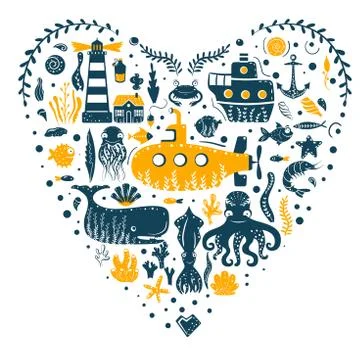 Sea ocean simple styling print set. Two color. Print for kids t-shirt and sea Illustrazione stock