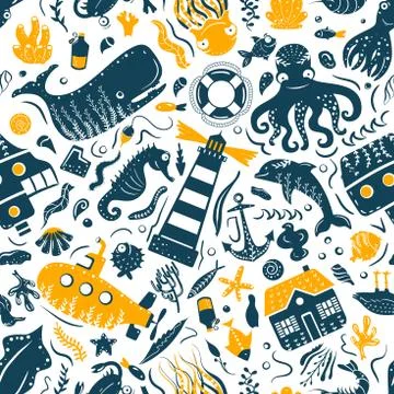 Sea ocean simple styling seamless pattern print. Two color. Print for kids t Stock Illustration