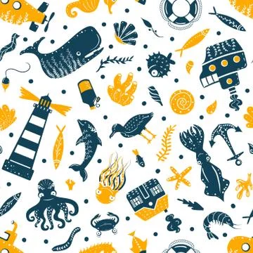 Sea ocean simple styling seamless pattern print. Two color. Print for kids t Illustrazione stock