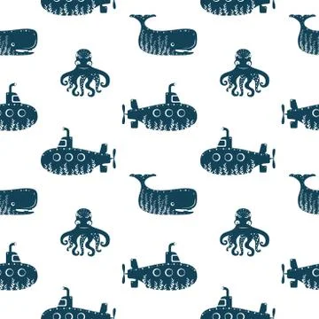 Sea ocean simple styling seamless pattern print with submarine, octopus and Stock Illustration