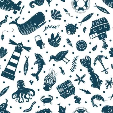 Sea ocean simple styling seamless pattern print. Two color. Print for kids t Stock Illustration