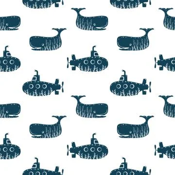 Sea ocean simple styling seamless pattern print. Two color. Print for kids t Stock Illustration