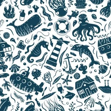 Sea ocean simple styling seamless pattern print. Two color. Print for kids t Illustrazione stock