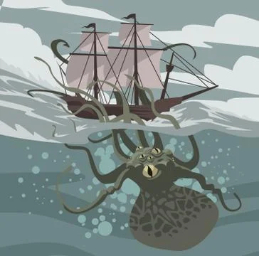 Sea octopus monster kraken attacking a ship Stock Illustration